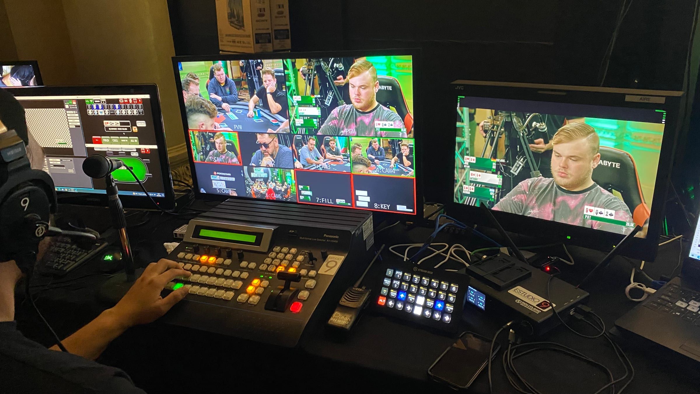 Puesto de control de la transmisión con mezcladora de video y monitores que muestran la mesa de juego