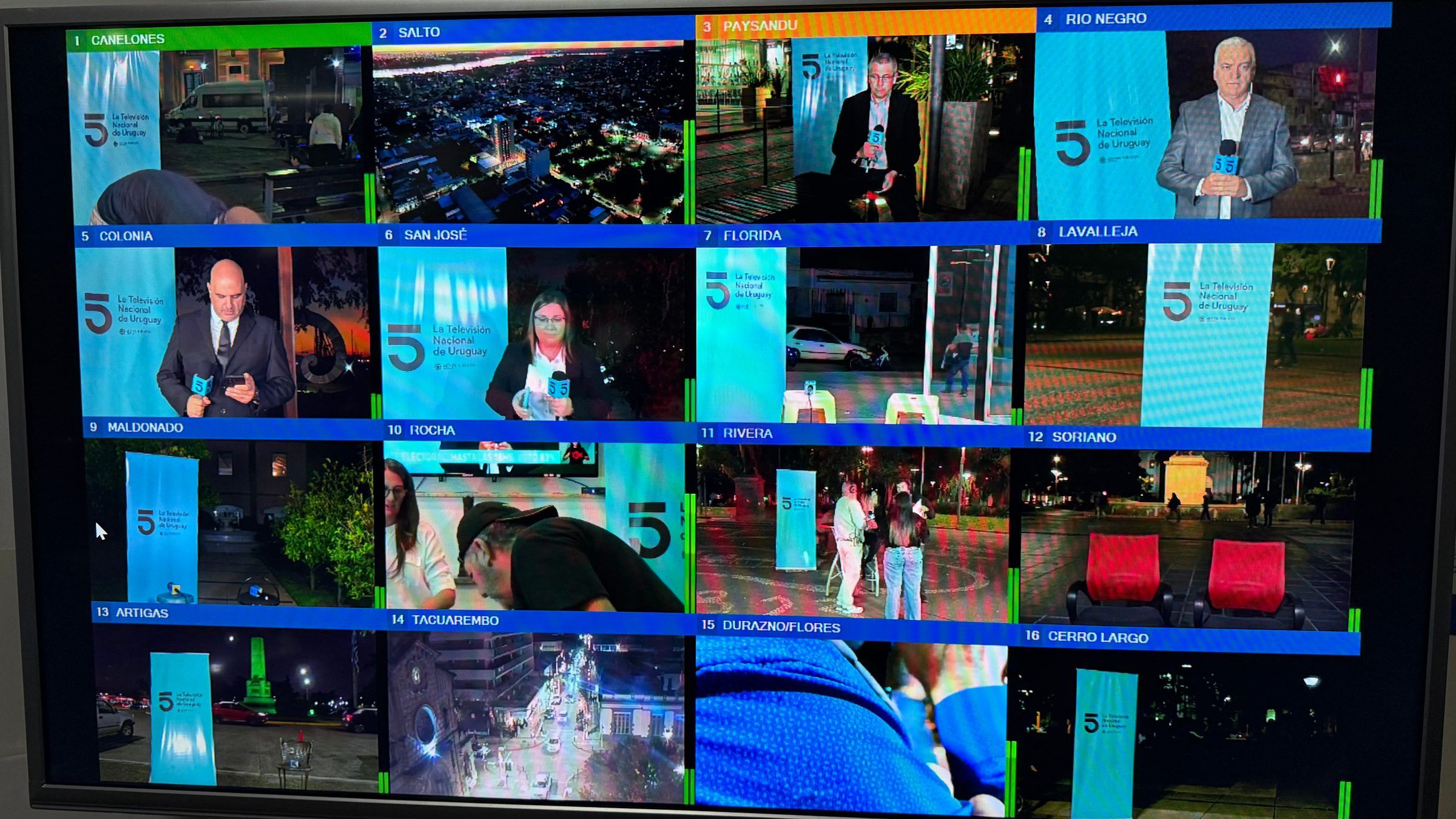 Multipantalla del control con las señales de los equipos en distintos departamentos durante la jornada electoral.