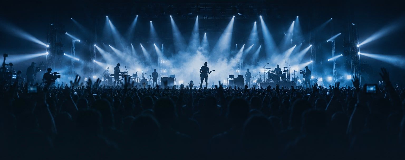 Escenario de concierto con luces azules, músicos en silueta y público con las manos en alto.